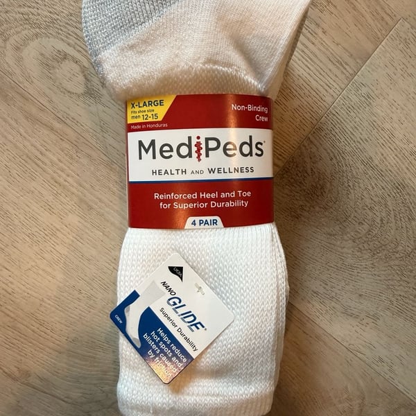 MediPeds Men's Non-Binding Crew Socks with NanoGLIDE, White/Grey, 4-Pair Pack, Size X-Large