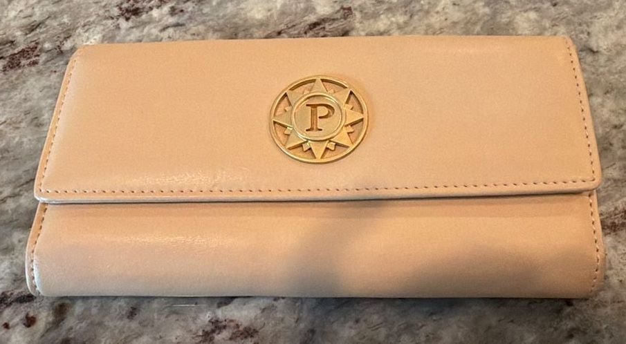 Parazul Women's Beige Leather Long Wallet with Gold Logo Emblem 2