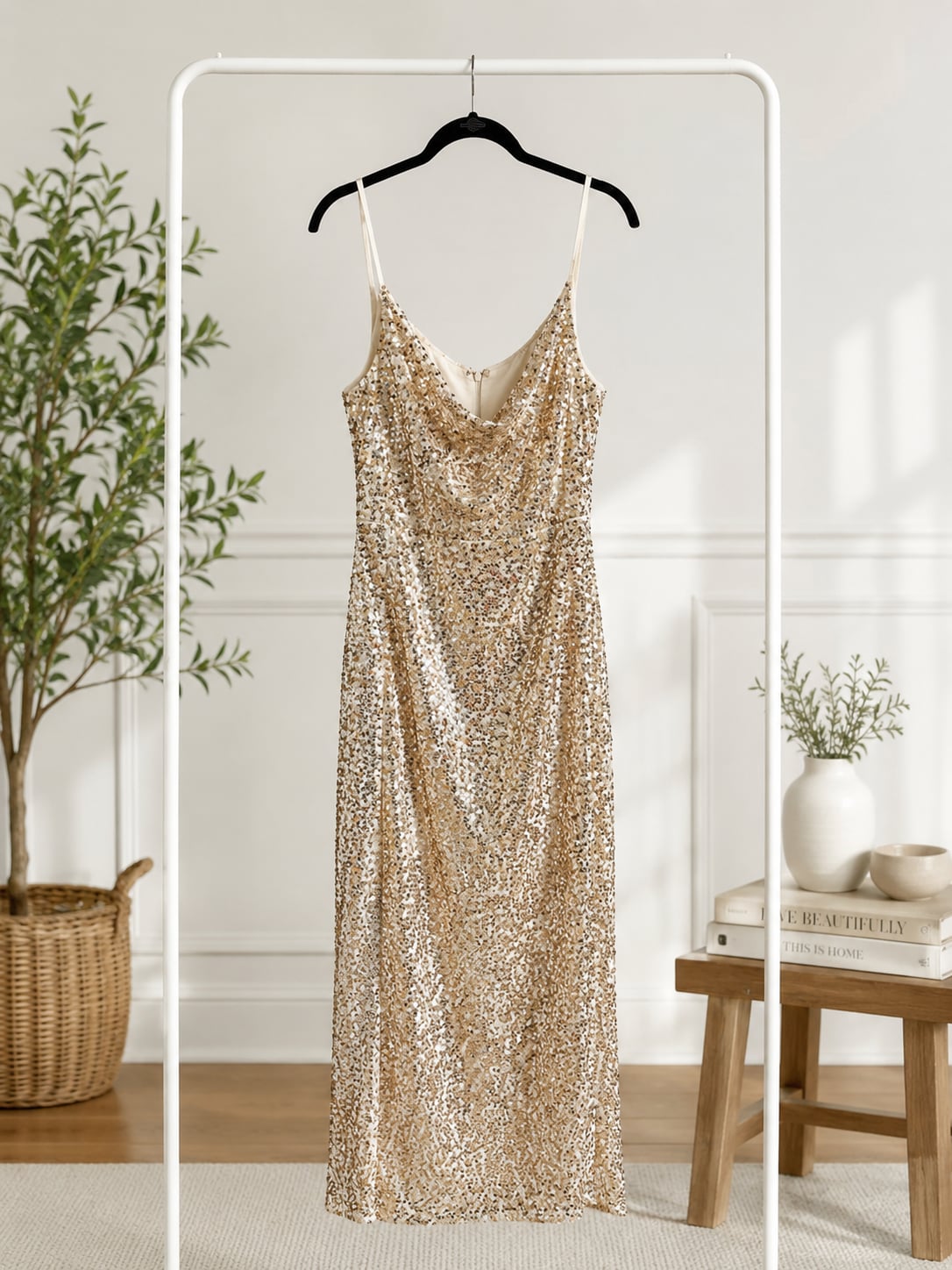 Taylor Gold Sequin Spaghetti Strap Cowl Neck Midi Dress 2