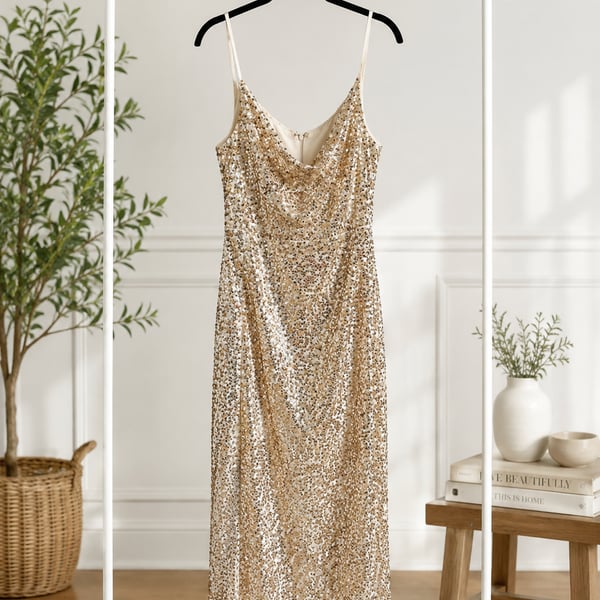 Taylor Gold Sequin Spaghetti Strap Cowl Neck Midi Dress