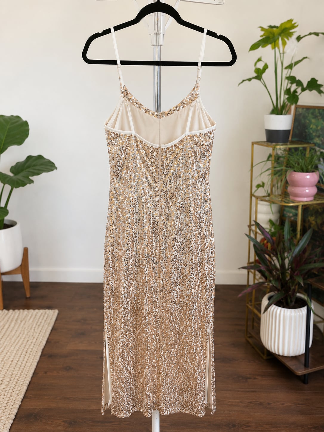 Taylor Gold Sequin Spaghetti Strap Cowl Neck Midi Dress 3