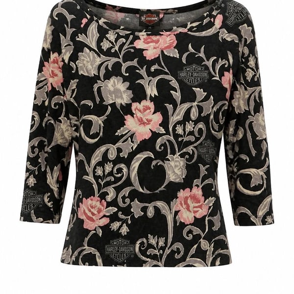 Harley-Davidson Tori Richard Floral 3/4 Sleeve Boatneck Silk Blend Top, XL