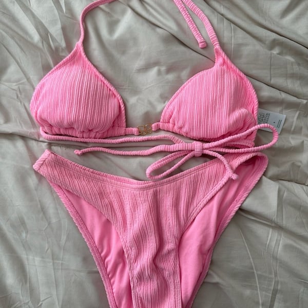 Wild Fable Ribbed Triangle Bikini Set in Pink