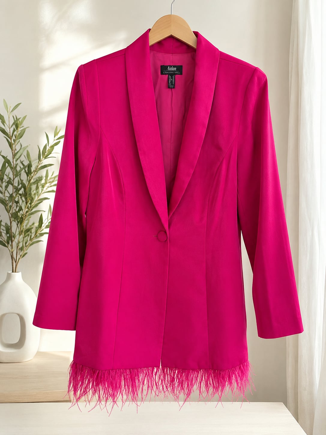Aidan by Adrianna Papell Hot Pink Feather-Trim Tuxedo Mini Dress Blazer 2