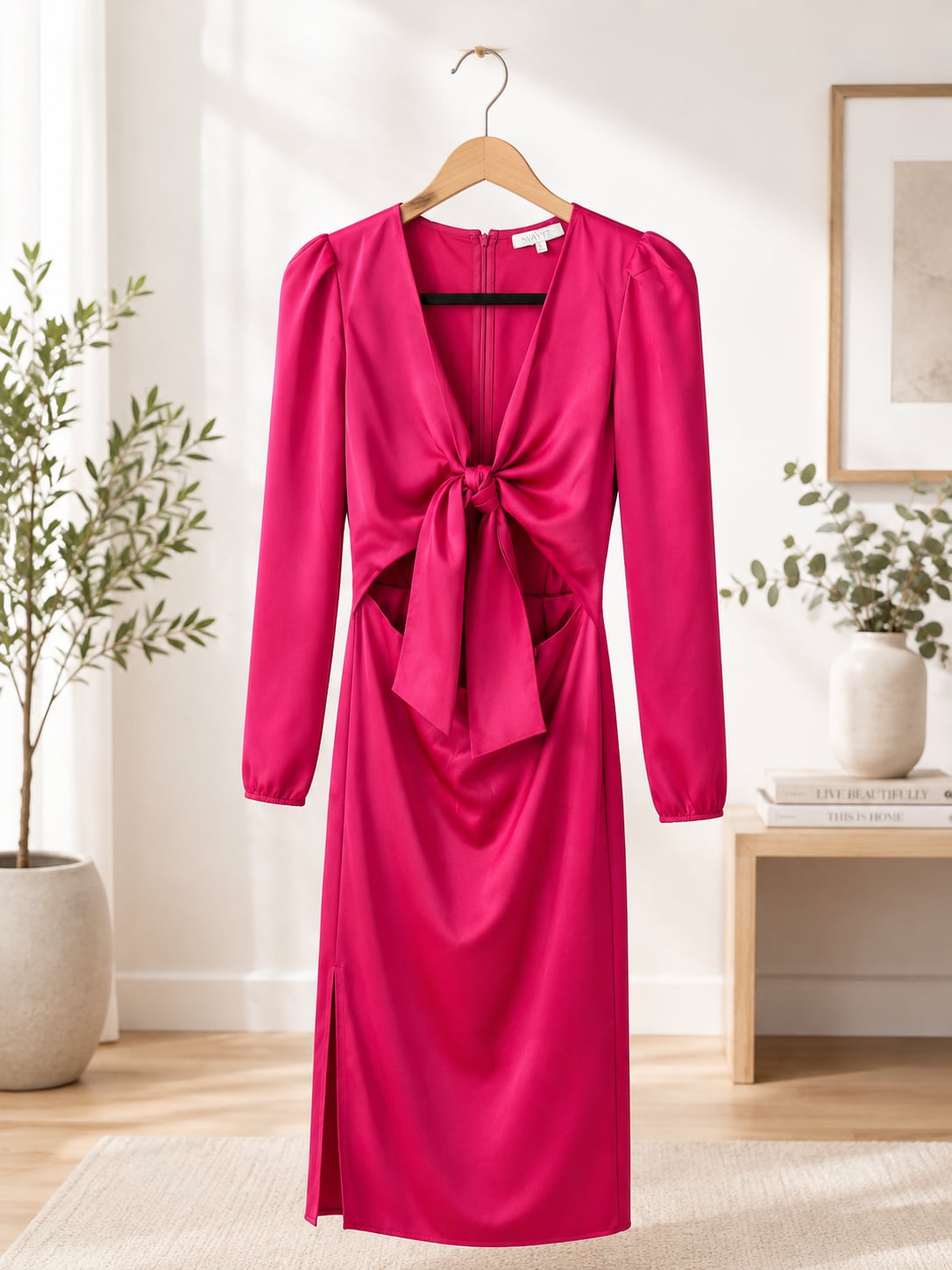 WAYF Poppy Cut-Out Tie Front Satin Midi Dress in Berry Pink 2