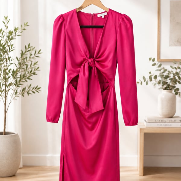 WAYF Poppy Cut-Out Tie Front Satin Midi Dress in Berry Pink
