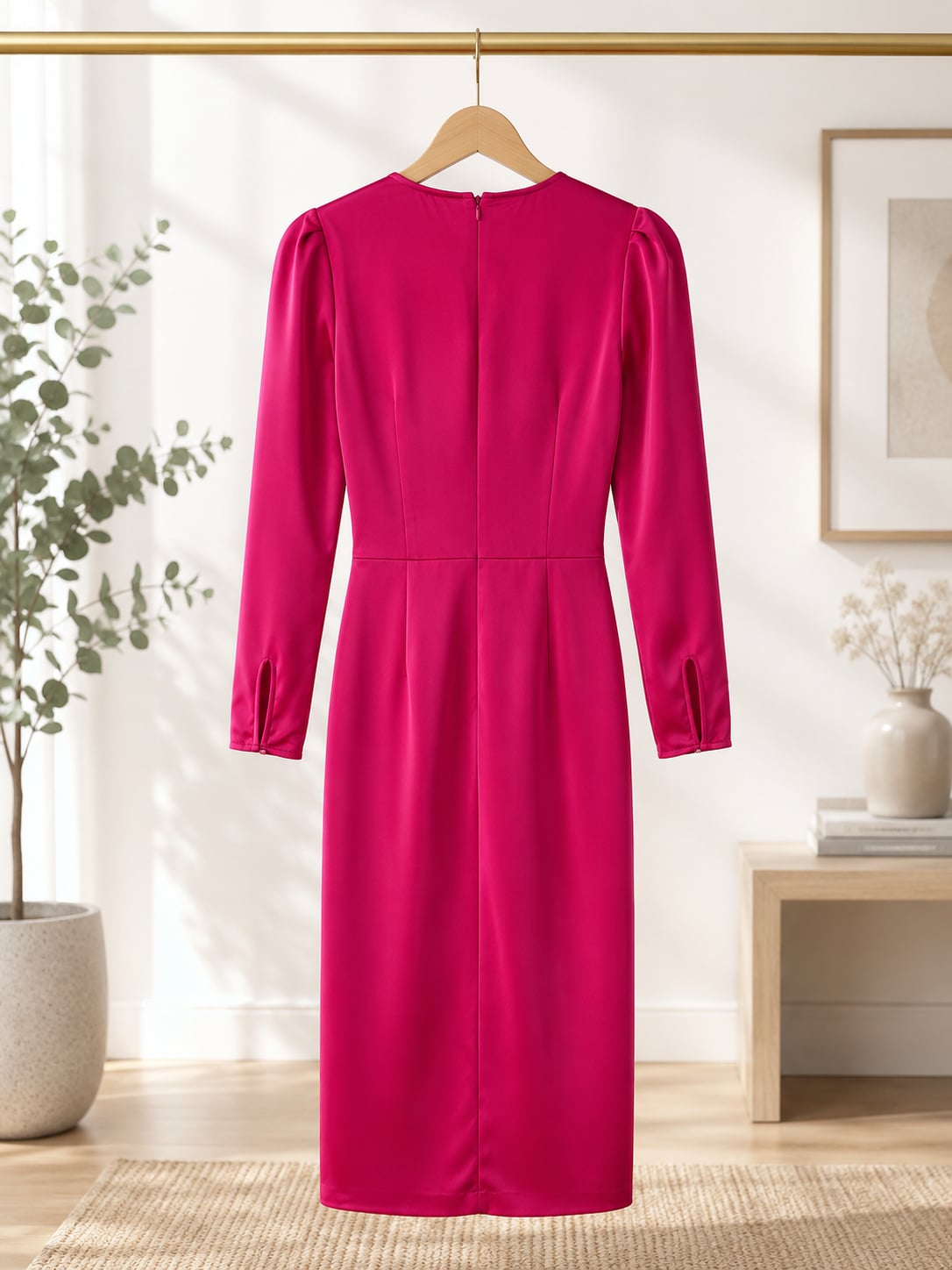 WAYF Poppy Cut-Out Tie Front Satin Midi Dress in Berry Pink 3