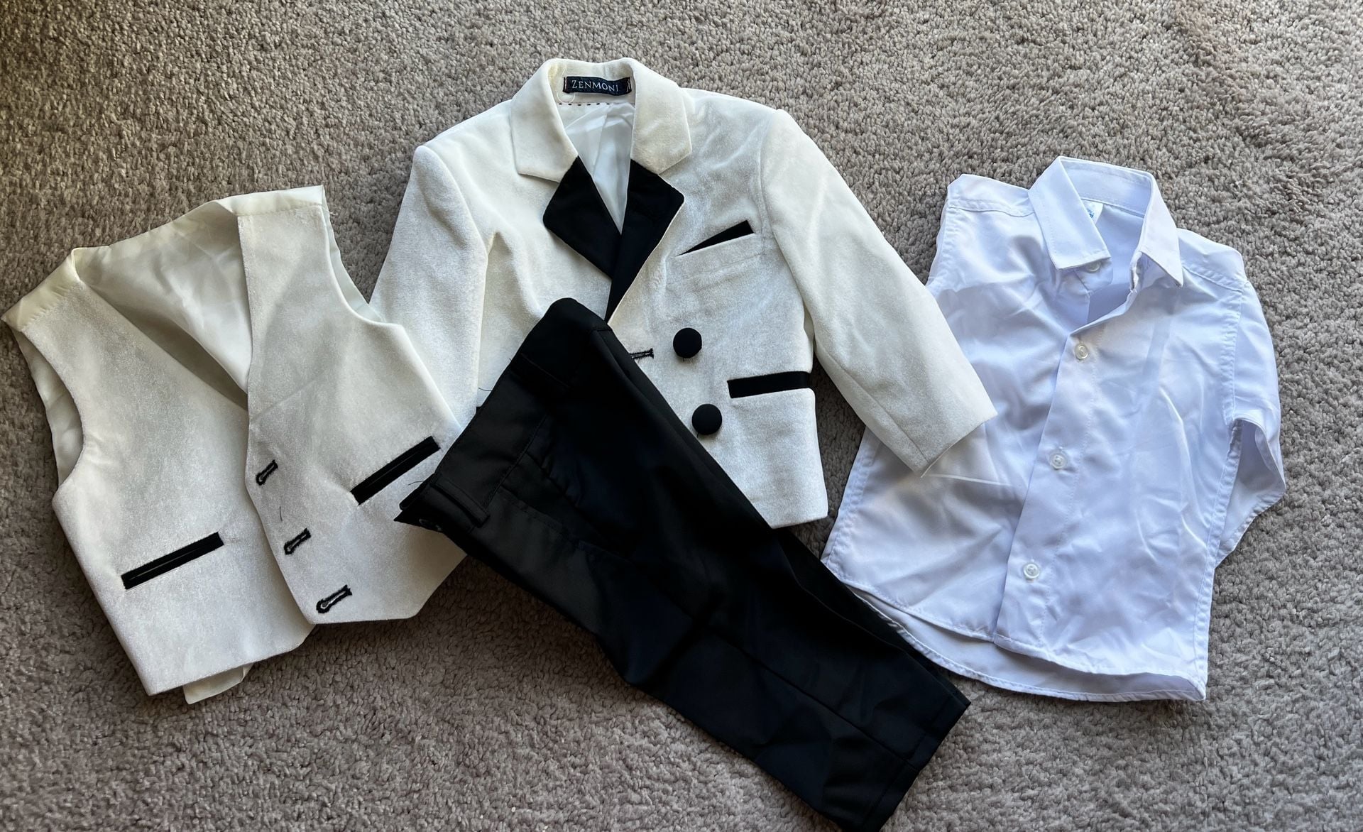 (#3). Zenmoni Boys 4-PC Formal Tuxedo Suit Set (Blazer, Vest, Pants, Shirt), Size 6m 1