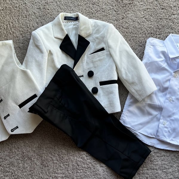 (#3).    Zenmoni  Boys 4-PC Formal Tuxedo Suit Set (Blazer, Vest, Pants, Shirt), Size 6m