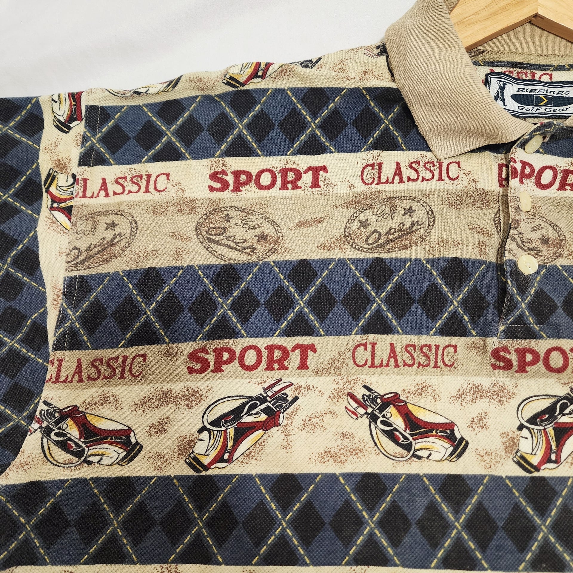 Riggings Golf Gear Vintage Men's Polo Shirt All-Over Golf Bag Print Size XL 7