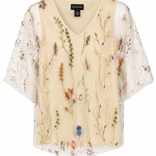 Allegra Gold Floral Embroidered Mesh Overlay V-Neck Top