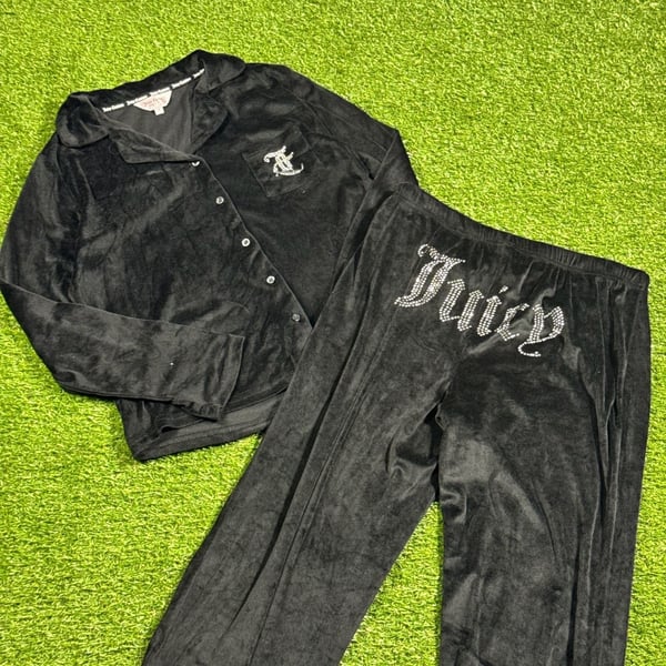 Juicy Couture Black Velour Rhinestone Logo Lounge Sleepwear Set