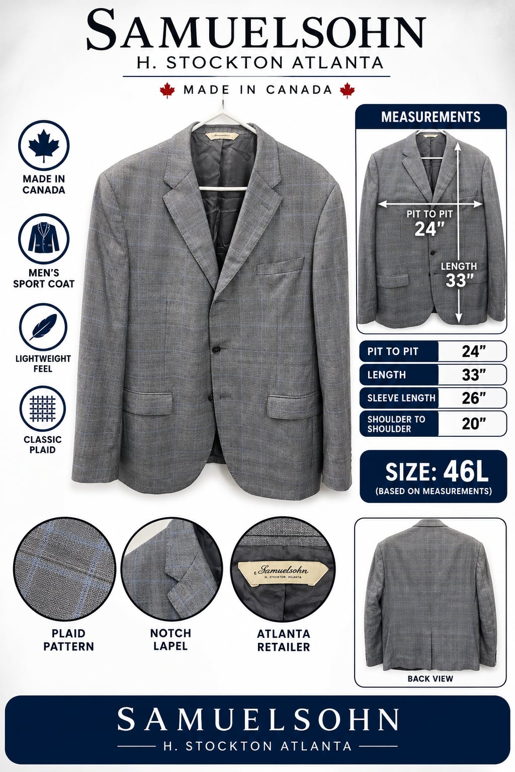 Samuelsohn H. Stockton Atlanta Men's Plaid Sport Coat Size 46L 2