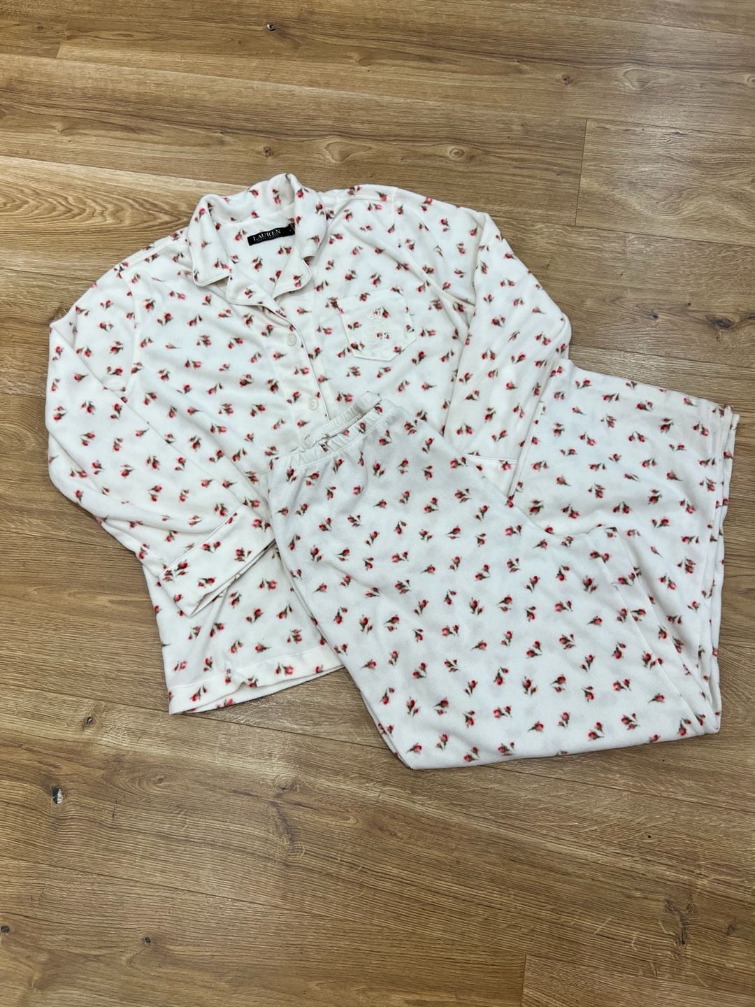 Lauren Ralph Lauren Women's Floral Print Fleece Notch Collar Pajama Set XL 1