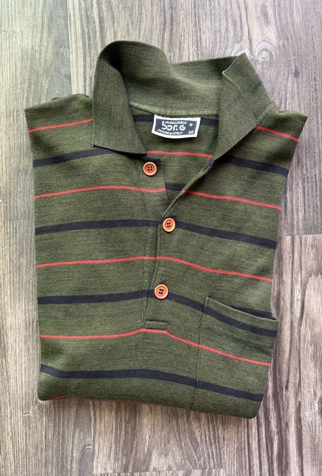 Maglieria Borg Vintage Made in Italy Olive Green Striped Long Sleeve Polo Shirt 3