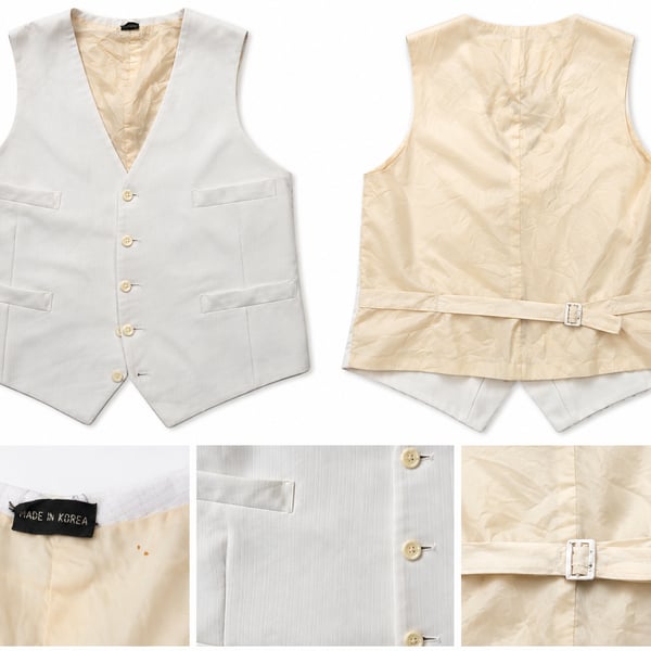 Vintage Men's Off-White Pinstripe Suit Vest with Adjustable Back Buckle