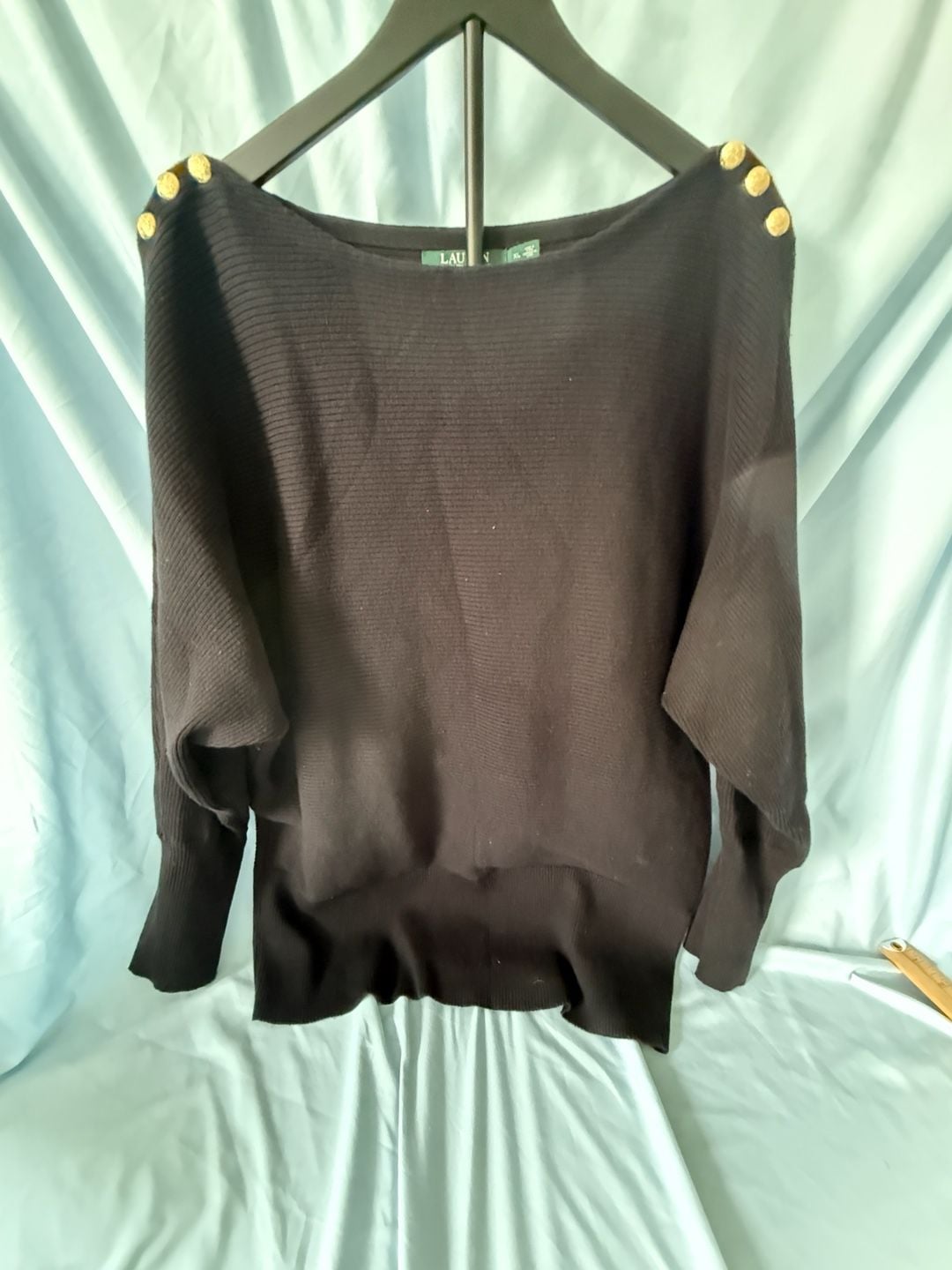 LAUREN Ralph Lauren Women's Black Ribbed Knit Sweater with Gold Tone Shoulder Buttons 2