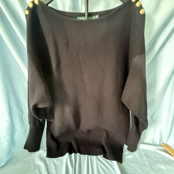 LAUREN Ralph Lauren Women's Black Ribbed Knit Sweater with Gold Tone Shoulder Buttons