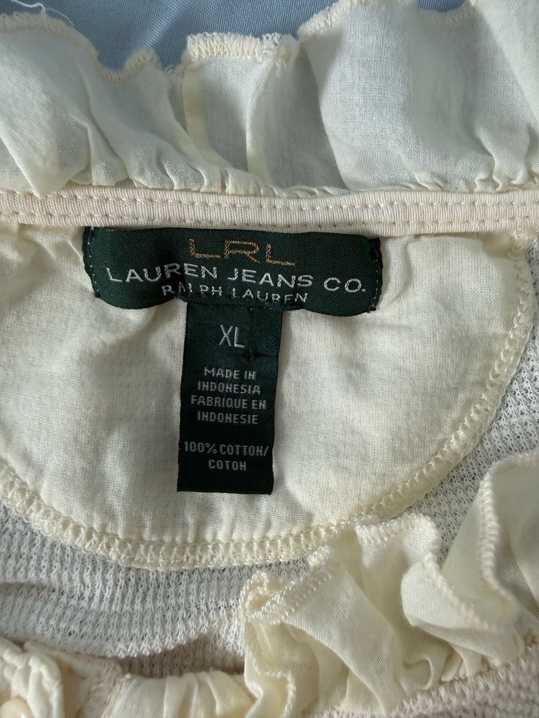 Lauren Jeans Co. Ralph Lauren Women's Cream Waffle Knit Short Sleeve Henley with Ruffle Trim 5
