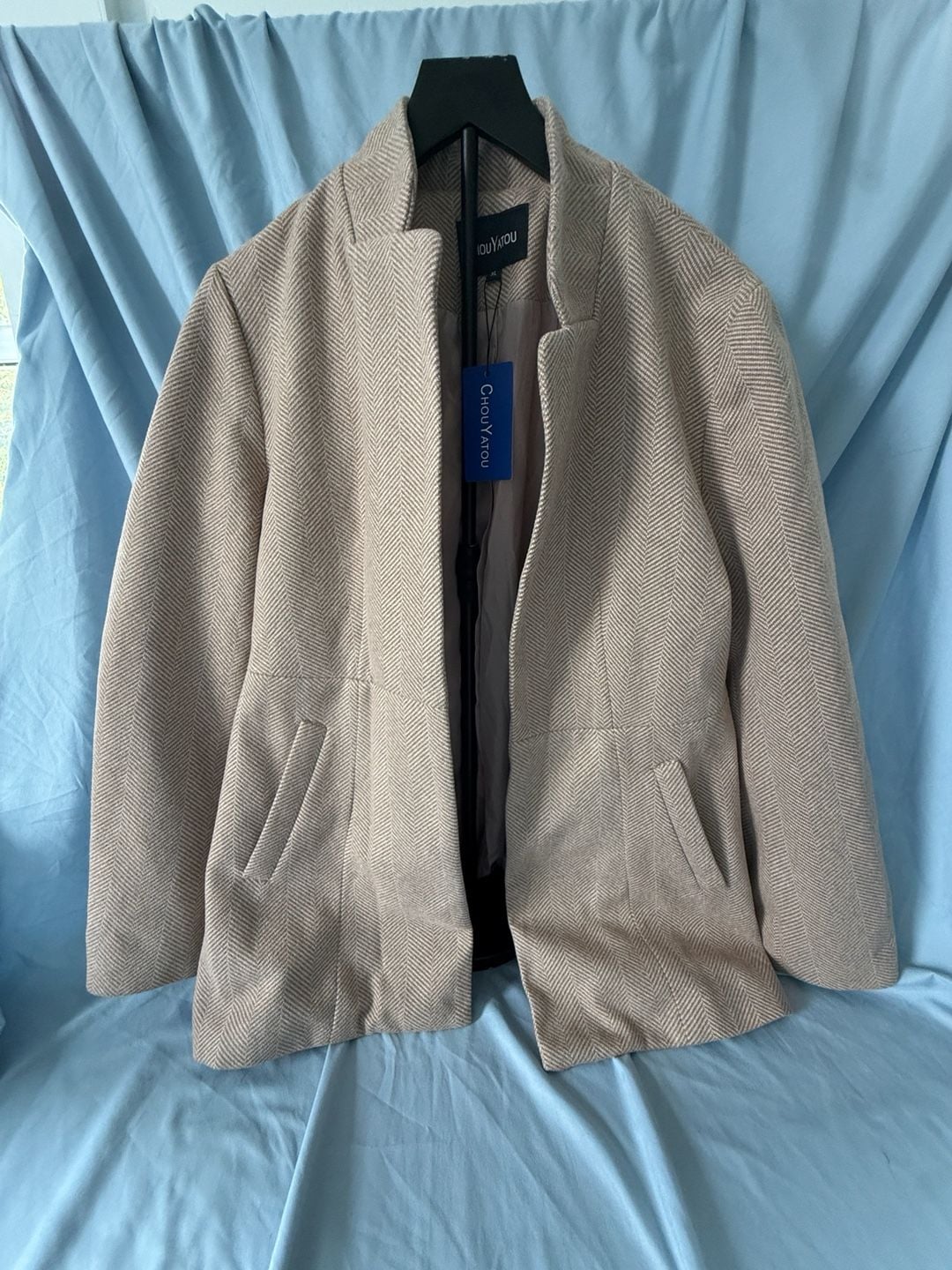 Chouyatou Women's Herringbone Textured Stand Collar Open Front Blazer Coat, Beige, XL 2