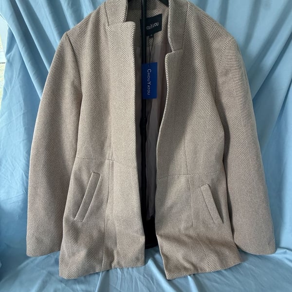 Chouyatou Women's Herringbone Textured Stand Collar Open Front Blazer Coat, Beige, XL