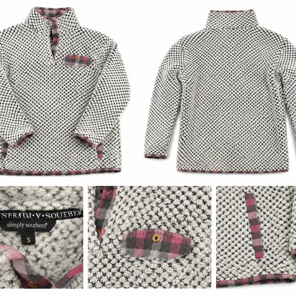 Simply Southern Women's Plaid Trim Soft Sherpa Quarter Zip Pullover, Grey, Sz S