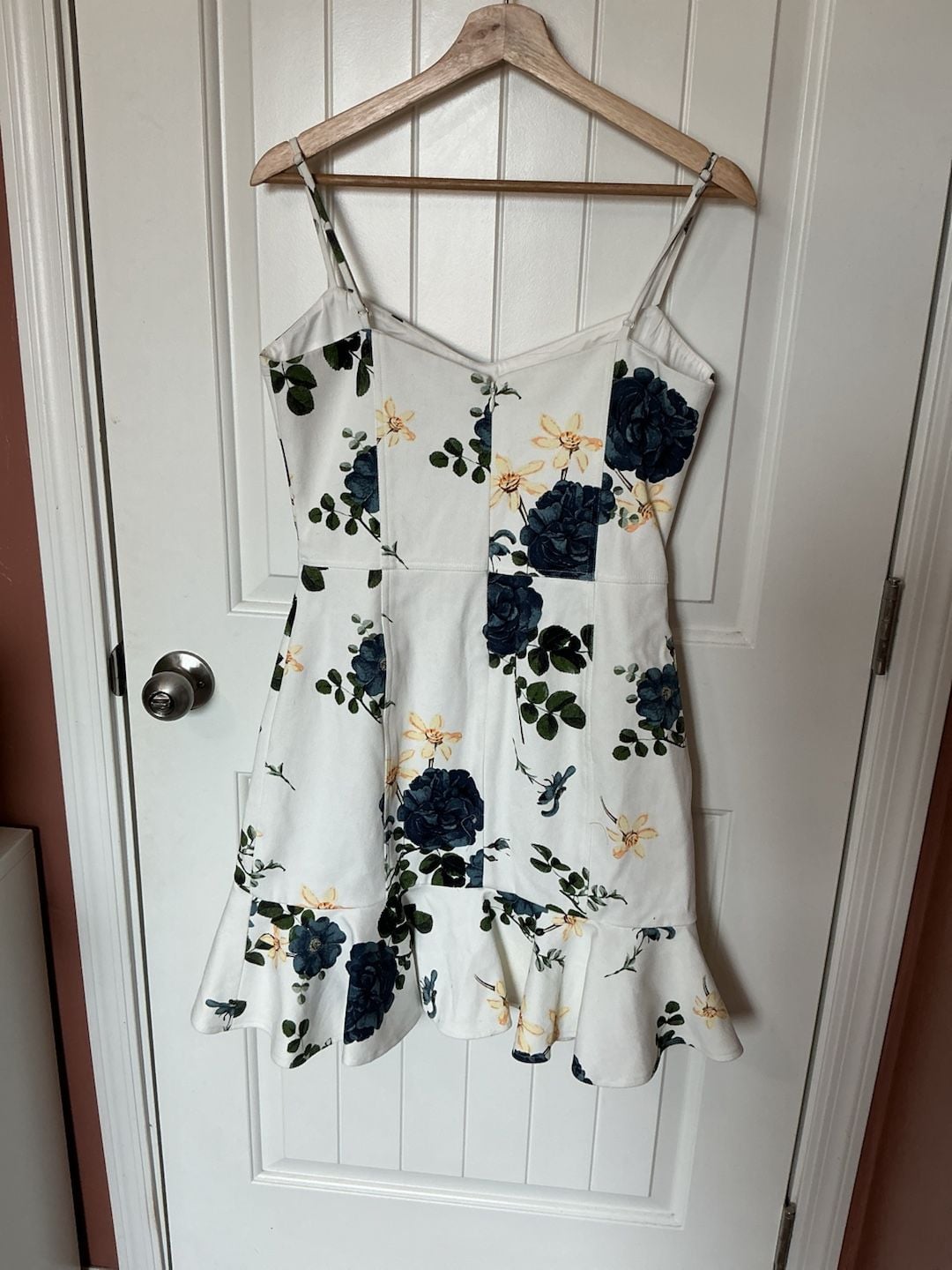 Nicholas Denim Blue Rose Floral Print Frill Mini Dress W8 White/Blue 3