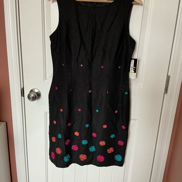 NWT Vintage John Roberts Linen Blend Embroidered Polka Dot Sheath Dress W10 Black