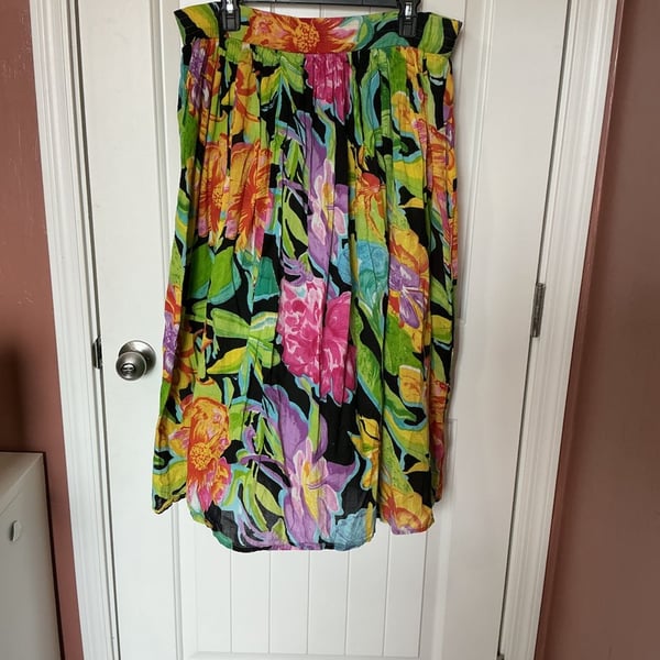 Vintage Michel 100% Cotton Floral Print Midi Skirt Small Black/Green