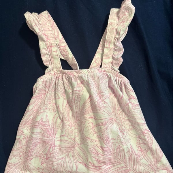 Tommy Hilfiger Girls Pink and White Palm Leaf Print Sleeveless Ruffle Strap Tank Top