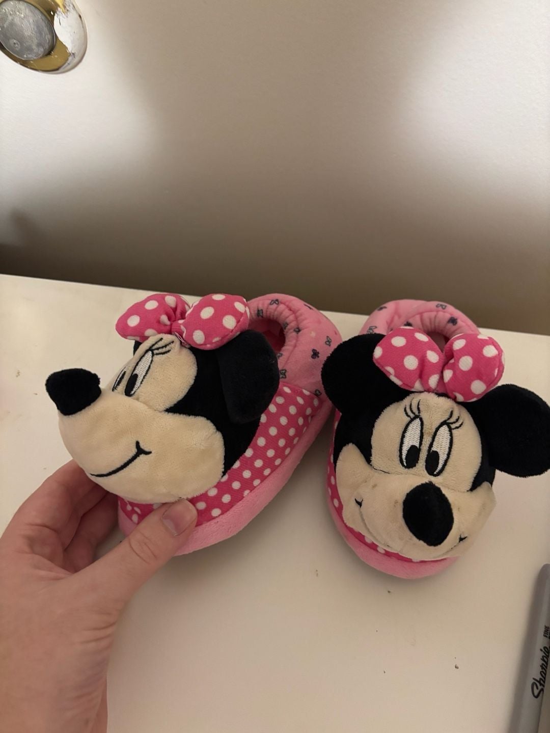 Disney Minnie Mouse 3D Plush Pink Polka Dot Slippers Size 7/8C 1