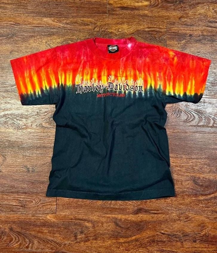 Vintage Harley-Davidson Motorcycles Fire Graphic Tie-Dye T-Shirt 2