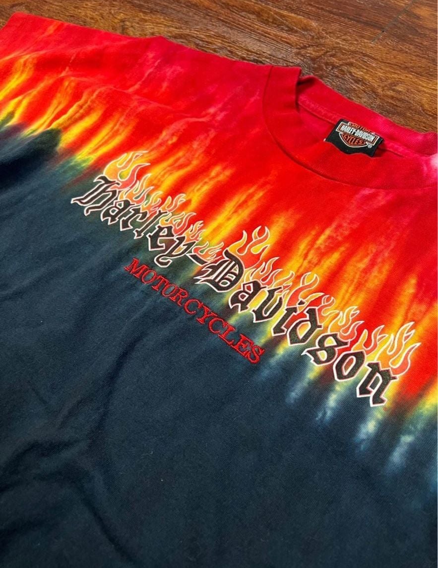 Vintage Harley-Davidson Motorcycles Fire Graphic Tie-Dye T-Shirt 4