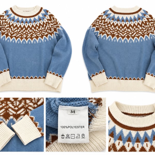  Women’s Fair Isle Nordic Sweater Medium Blue Brown Cream Après Ski Cozy Knit