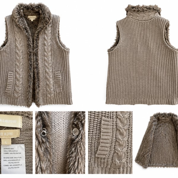 Johnston & Murphy Women’s L Faux Fur Cable Knit Vest Cardigan Taupe Boho