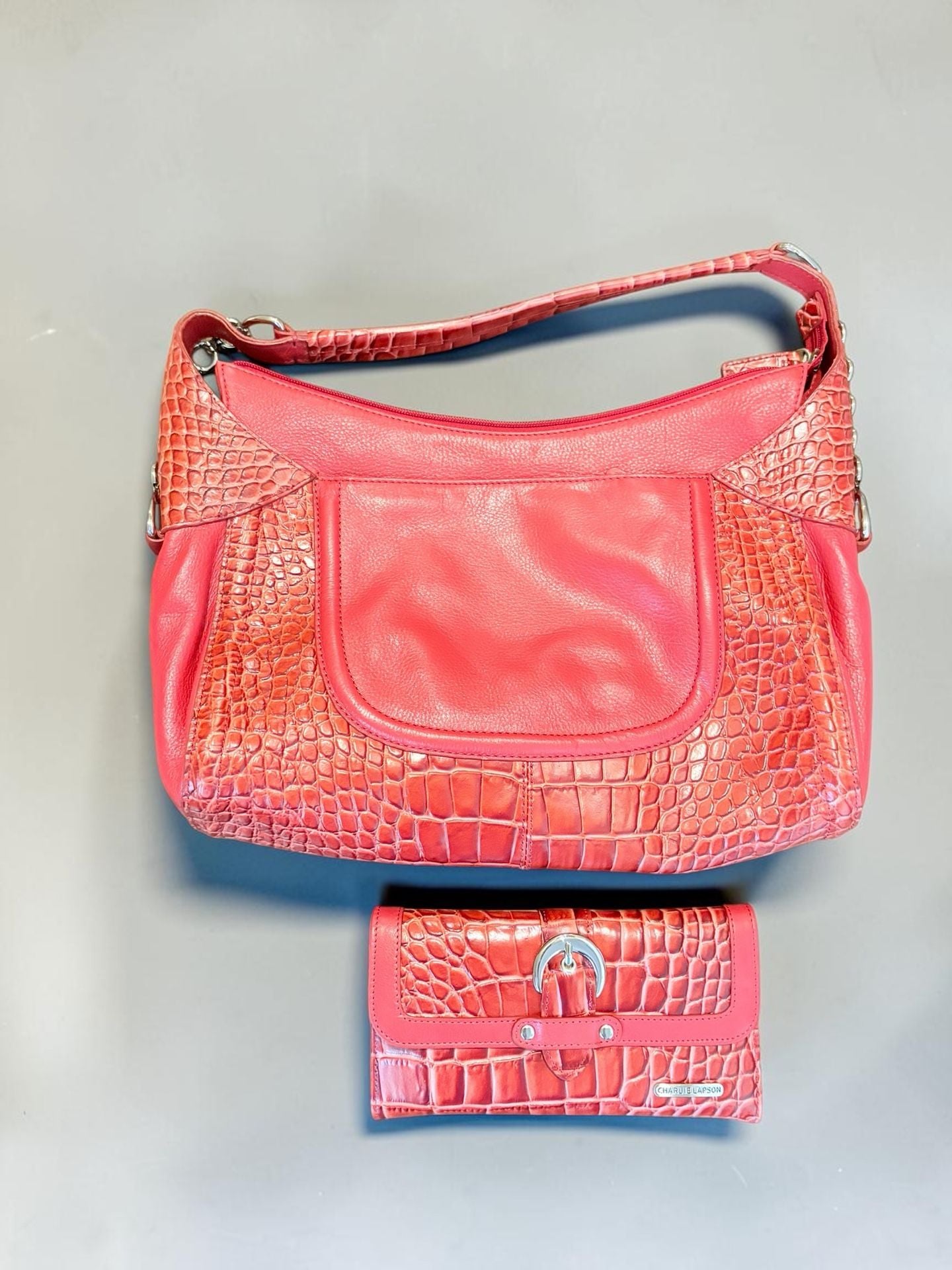 Charlie Lapson Red Crocodile Embossed Leather Hobo Bag and Matching Wallet Set 1
