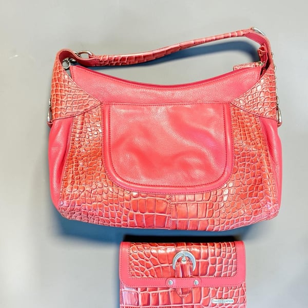 Charlie Lapson Red Crocodile Embossed Leather Hobo Bag and Matching Wallet Set