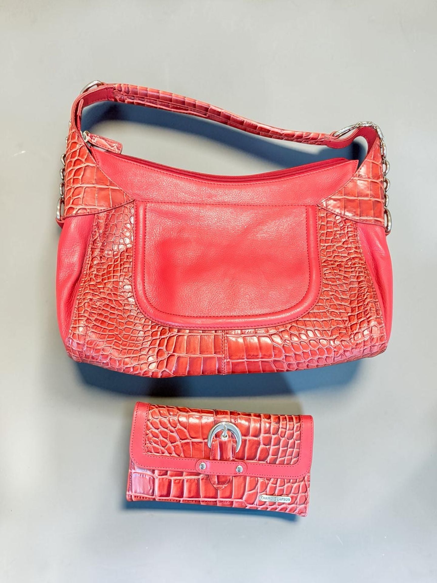 Charlie Lapson Red Crocodile Embossed Leather Hobo Bag and Matching Wallet Set 5