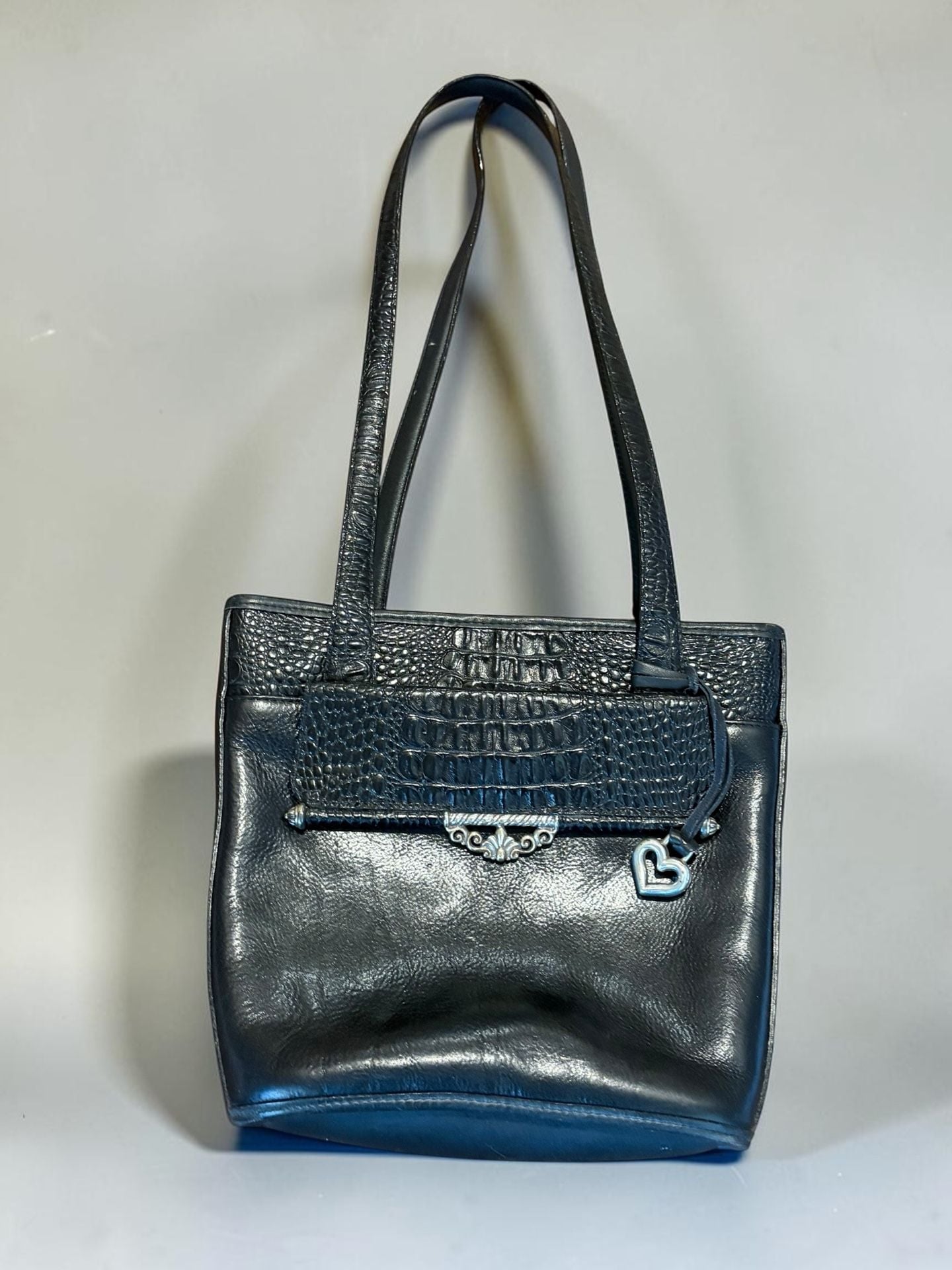 Brighton Black Leather Shoulder Bag Crocodile Embossed Trim Heart Charm A 003274 2