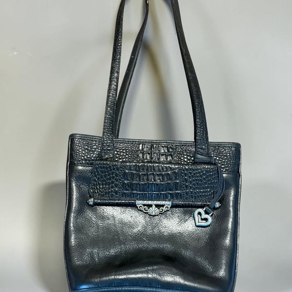 Brighton Black Leather Shoulder Bag Crocodile Embossed Trim Heart Charm A 003274