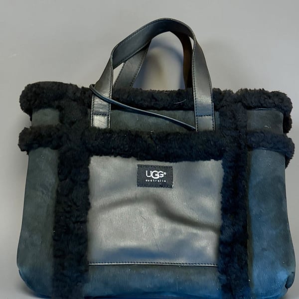 UGG Australia Black Suede and Shearling Tote Bag with Leather Trim