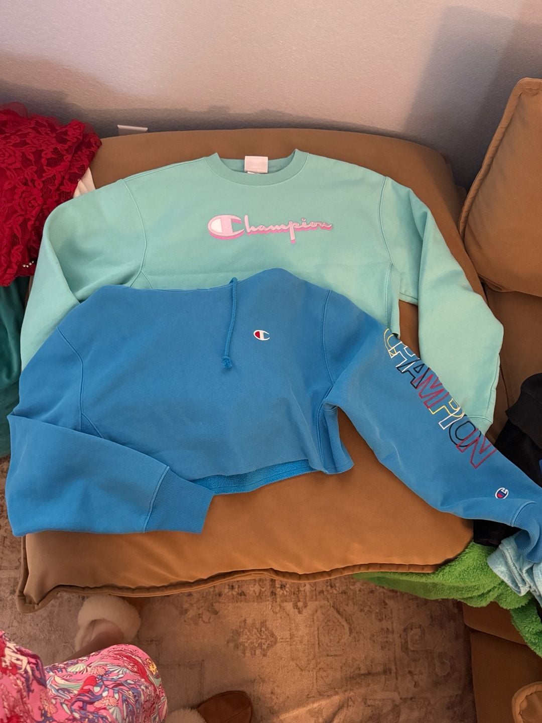 Champion Reverse Weave Mint Green Crewneck and Blue Cropped Hoodie Set 1