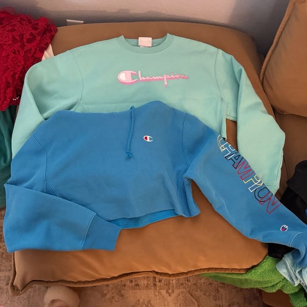Champion Reverse Weave Mint Green Crewneck and Blue Cropped Hoodie Set