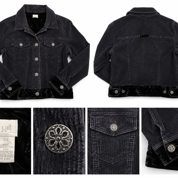 J Jill Women XS Corduroy Jacket Black Velvet Trim Button Front Y2K Boho