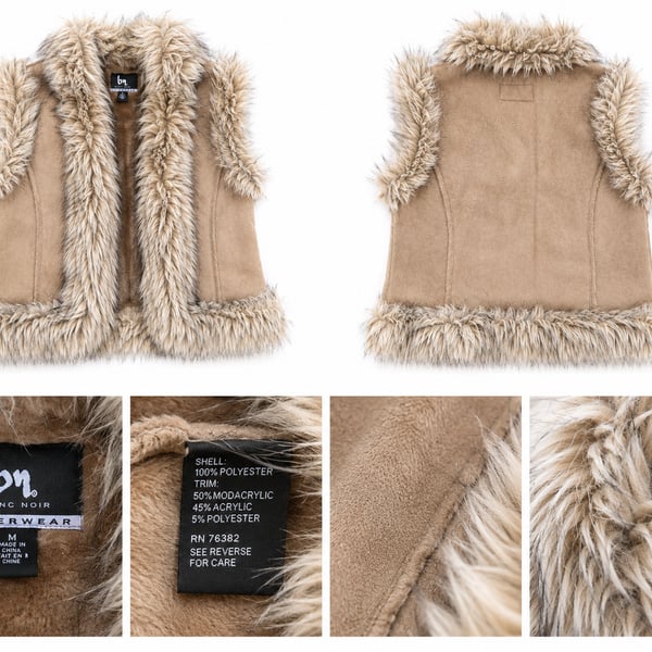 Blanc Noir Women’s Faux Suede Faux Fur Trim Vest Tan Boho Y2K Size M