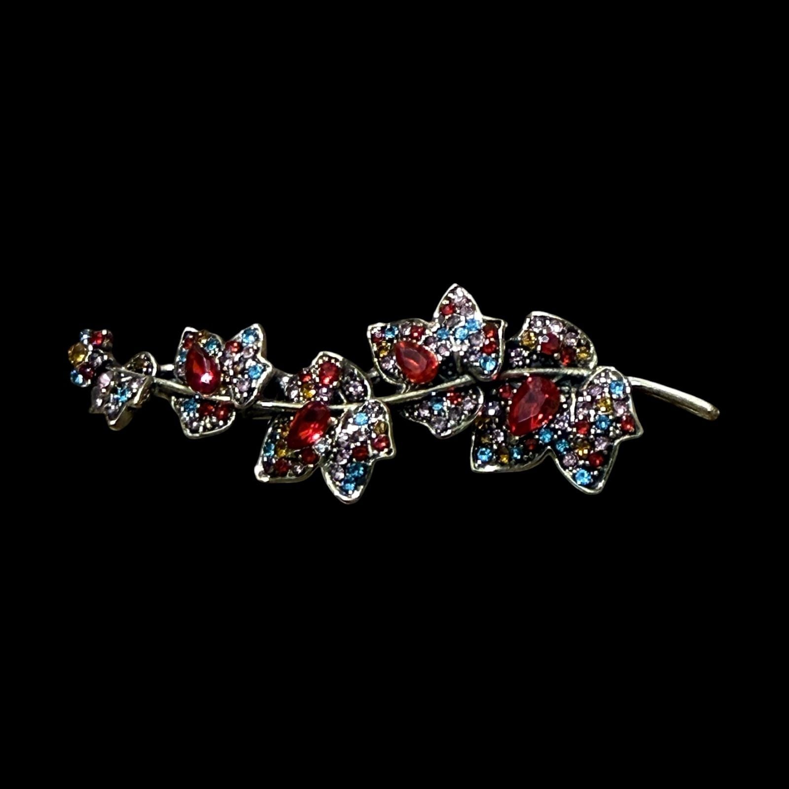 Leaf on Branch Multi-Colored Rhinestone Gold Tone Pendant Brooch 2