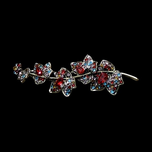 Leaf on Branch Multi-Colored Rhinestone Gold Tone Pendant Brooch