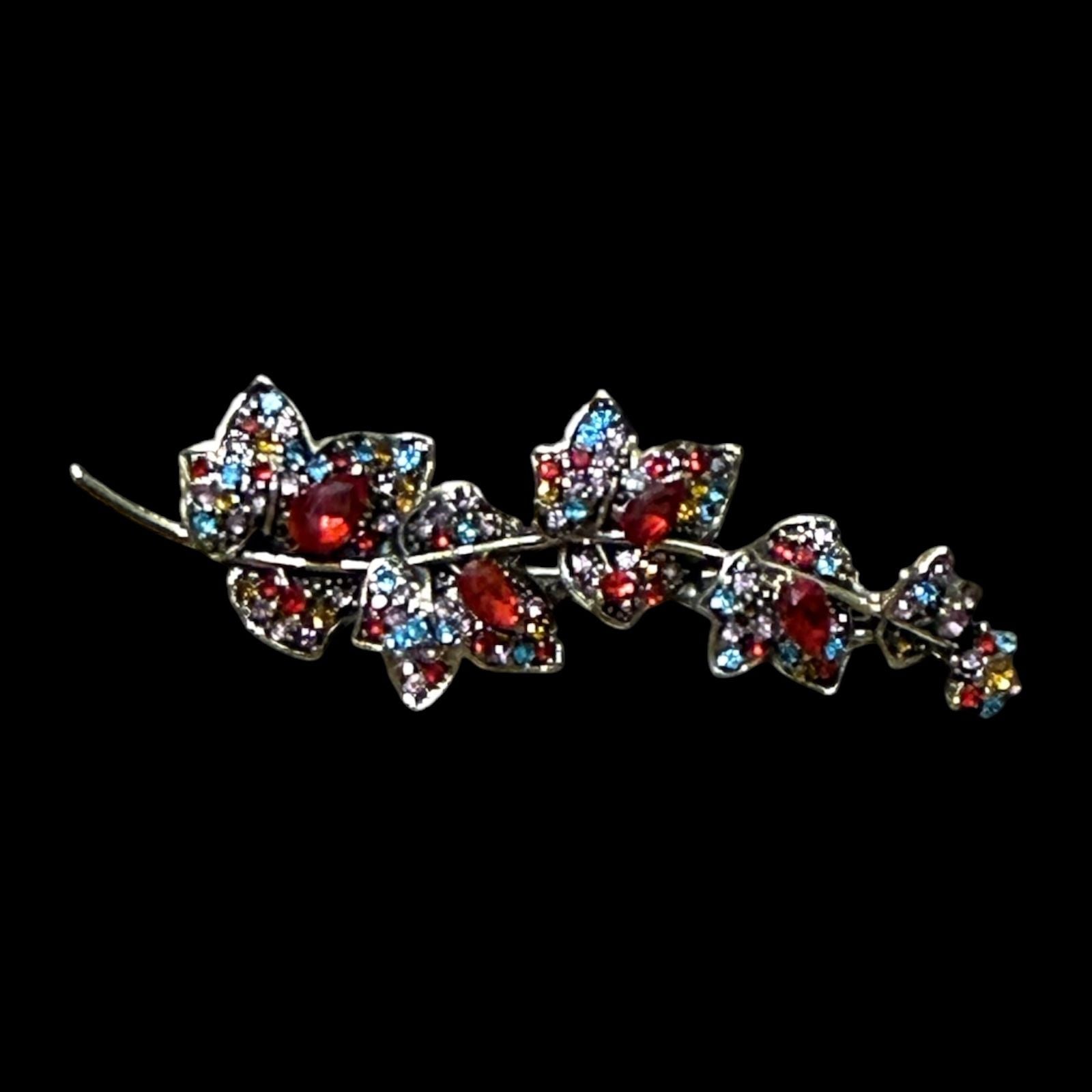 Leaf on Branch Multi-Colored Rhinestone Gold Tone Pendant Brooch 3