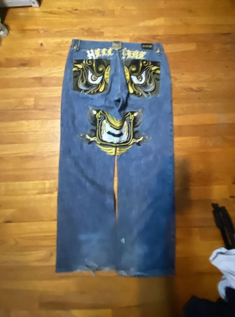 Parish Nation Y2K Hell Fire Embroidered Denim Jeans Size 42 1