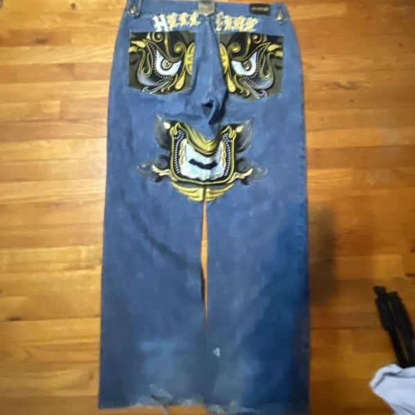 Parish Nation Y2K Hell Fire Embroidered Denim Jeans Size 42